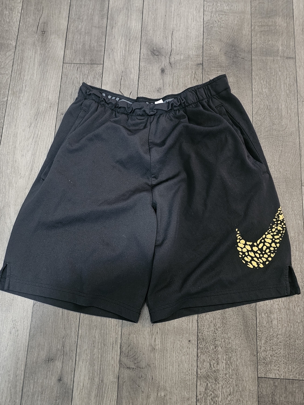 Nike Black Athletic Shorts Yellow Leopard Swoosh Retro Streetwear Blockecore